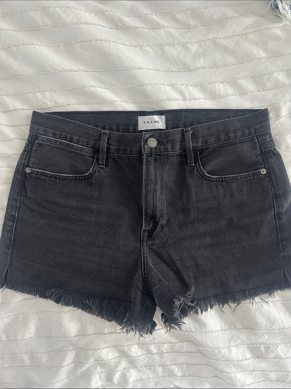 Frame Denim Black Frayed Hem Jean Shorts